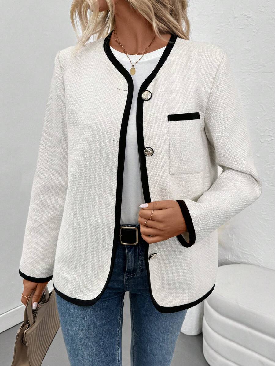 Chiquease Chaqueta tipo cárdigan de botón con bolsillo y ribete de contraste blanco para mujer, otoño - Blanco - Ver 1