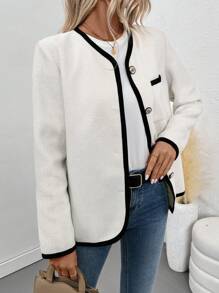 Chiquease Chaqueta tipo cárdigan de botón con bolsillo y ribete de contraste blanco para mujer, otoño - Blanco - Ver 6