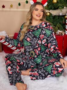 Plus Size Snowman Print Long Sleeve Top & Pants Pajama Set For Christmas, Fall Winter Clothes - Multicolor - View 5