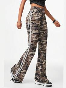 SHEIN EZwear Coolane 女式街头运动休闲迷彩印花弹力编织带纹理装饰舒适黑色喇叭裤 - 彩色 - 查看 1