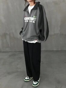 FRIFUL 女式超大号撞色字母印花保暖内衬加厚连帽卫衣 秋冬 - 黑色 - 查看 2