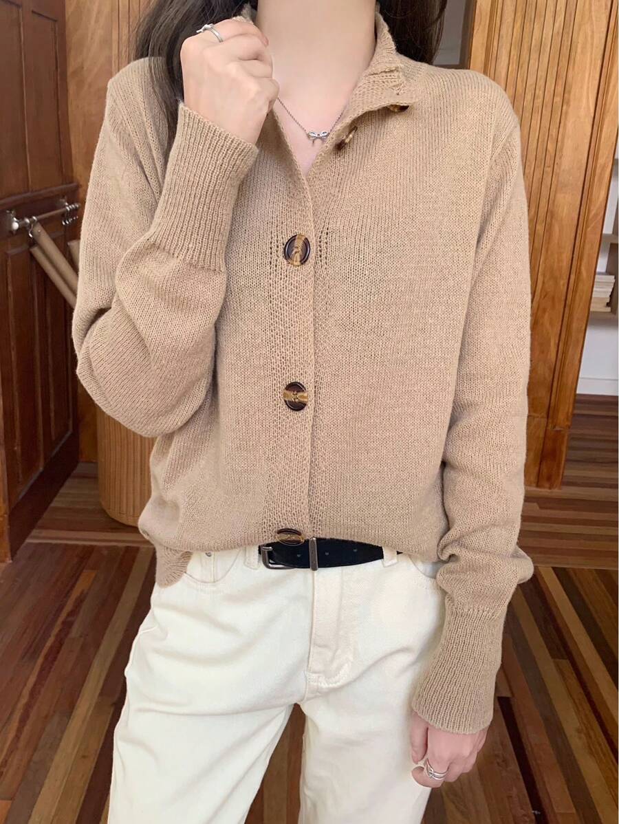 SHEIN LUNE New Loose Knitted Cardigan Stand Collar Short Outerwear Versatile Sweater - Khaki - View 1