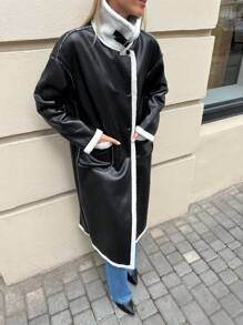 SHEIN Essnce Women's Black And White PU Leather Coat,Mid-Length Loose Lamb Fur One-Piece Long Plush Coat,Autumn Elegent Everyday American Vintage Casual Clothing - Black - View 3