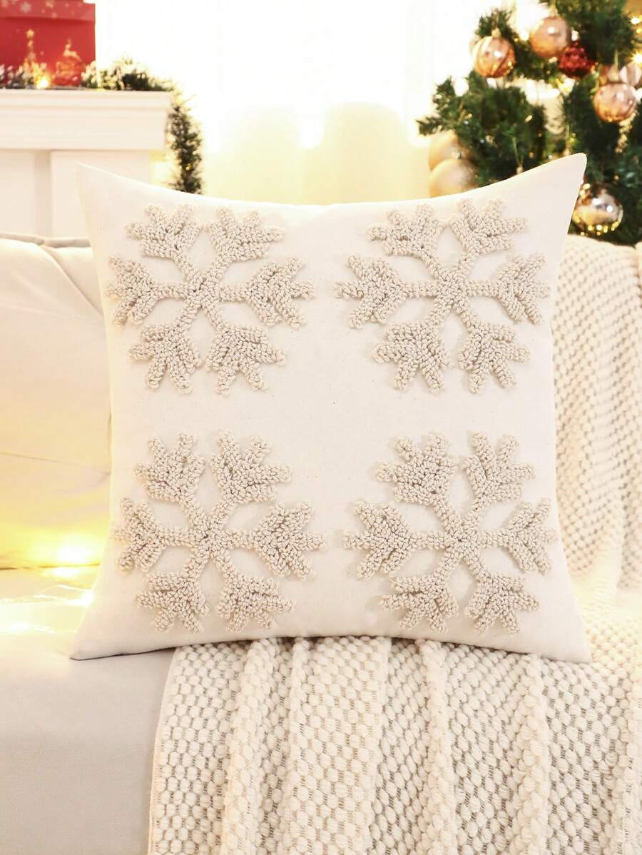 1pc Christmas Decorative Cushion Cover, Santa Snowman Deer Snow Floral Embroidered Velvet Fabric For Bedroom Living Room - Beige - View 1