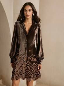 Anewsta Elegantes Modekleid mit Kragen, Laternenärmeln, Samt und besticktem Saum