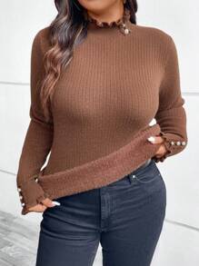 SHEIN Clasi Plus Size Women's Plain Long Sleeve Frill Trim Slim Fit Sweater Fuzzy, Thermal, Teddy, Fleece, Fall Clothes Commute, Minimalist, Office Wear, Old Money, Simple, Super Warm And Soft!