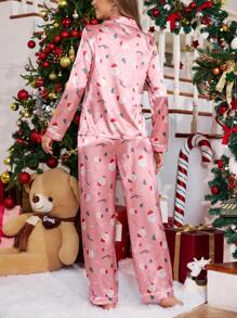 Bộ đồ ngủ satin họa tiết hoạt hình Giáng sinh dành cho nữ, quần áo thu đông - Hồng - Xem 3