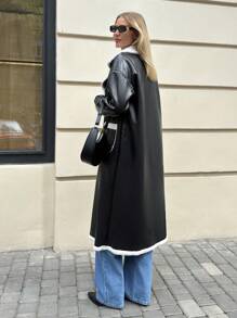 SHEIN Essnce Women's Black And White PU Leather Coat,Mid-Length Loose Lamb Fur One-Piece Long Plush Coat,Autumn Elegent Everyday American Vintage Casual Clothing - Black - View 2