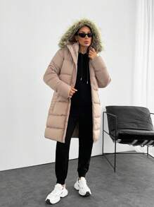 EURMUSE SNAP BUTTONED FAUX HOODED PUFFER WINTERCOAT - Beige - View 6