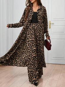 SHEIN Clasi 2pcs Women Leopard Print Long Shirt And Pants Set, Autumn