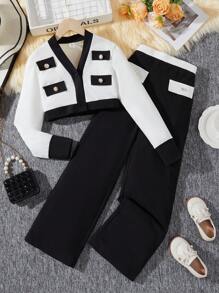 Conjunto de 2 piezas con chaqueta top de color contrastante y pantalón casual largo para niña preadolescente - Blanco y Negro - Ver 3
