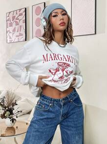 SHEIN Unity 女士休闲字母印花圆领落肩长袖卫衣，春秋季套头衫 - 白色 - 查看 5