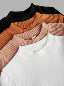 SHEIN Girlism Tween Girl Knitted Pit Striped Stand-Up Collar Bottoming Long-Sleeved Four-Piece Suit, Suitable For Autumn, Winter And Early Spring