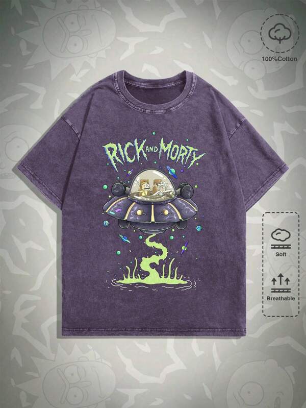 ROMWE MEN Rick and Morty | ROMWE Men's Cartoon And Letter Printed Round Neck T-Shirt, School