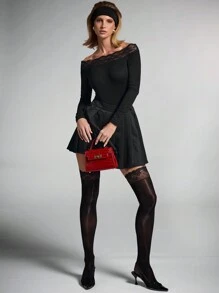 SHEIN BAE 女士黑色蕾丝拼接性感露肩长袖修身紧身衣，优雅装扮，适合约会、聚会、外出、万圣节派对、舒适春秋 - 黑色 - 查看 1