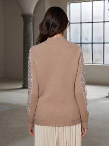 Aveloria Modichic 优雅法式串珠拼接袖休闲柔软修身女士圆领长袖毛衣，秋冬针织套头衫 - 駝色 - 查看 5