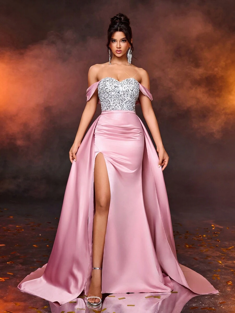 SHEIN X Izzy Darnell Glamrae Elegant, Gorgeous And Luxurious Off-Shoulder Gradient Pink And Silver Sequin Stitched Satin High-Slit Fishtail Dress With Removable Large Floating Panel A-Hem Suitable For Weddings, Events, Parties, Holidays And Formal Events, Holiday Prom Dinner Dresses (Heavily Decorated), Evening Gown, For Wedding Guest, Graduation Party Dress - Dusty Pink - View 1