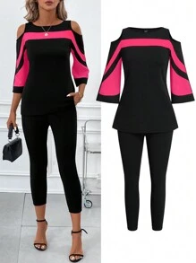 SHEIN Clasi 2pcs Women Black & White Color Block Off Shoulder Elegant Blouse Suit For Work - Hot Pink - View 3