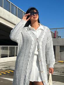 Flirla Plus Size Fashionable Loose-Fit Mixed-Color Cable Knit Long Cardigan Sweater - Black and White - View 1