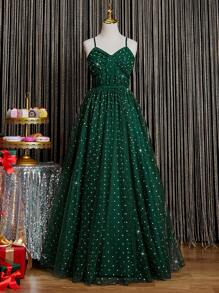 SHEIN 优雅的波尔卡圆点薄纱细肩带 A 字裙，适合青少年，适合婚礼、正式活动、生日、万圣节、圣诞节、复活节等 - 紫色 - 查看 1