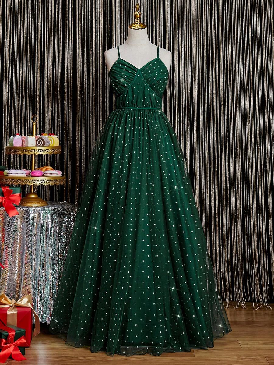 SHEIN 优雅的波尔卡圆点薄纱细肩带 A 字裙，适合青少年，适合婚礼、正式活动、生日、万圣节、圣诞节、复活节等 - 紫色 - 查看 1