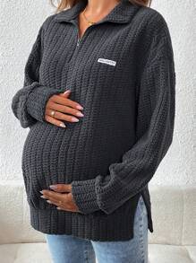 SHEIN 孕妇字母图案宽松半拉链套头长袖运动衫，套头运动衫，秋冬，孕妇装