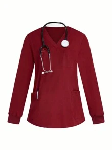 TaskEZ Burgundy Red Women's Solid Long Sleeve Scrub Top Elastic Double Pocket V Neck Top, Women's V Neck Scrub Top, Women's Short Sleeve V Neck Nurse Uniform With 3 Pockets Summer Soft And Elastic Printed Scrub Top, Christmas Clothing