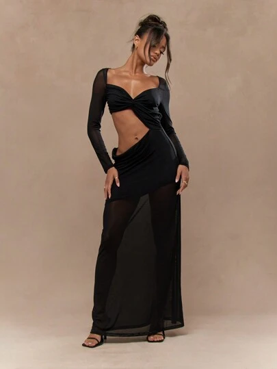 MISSGUIDED Mesh Dropwaist Cut-Out Waist Long Sleeves Sweetheart Neck Maxi  DressMISSGUIDED