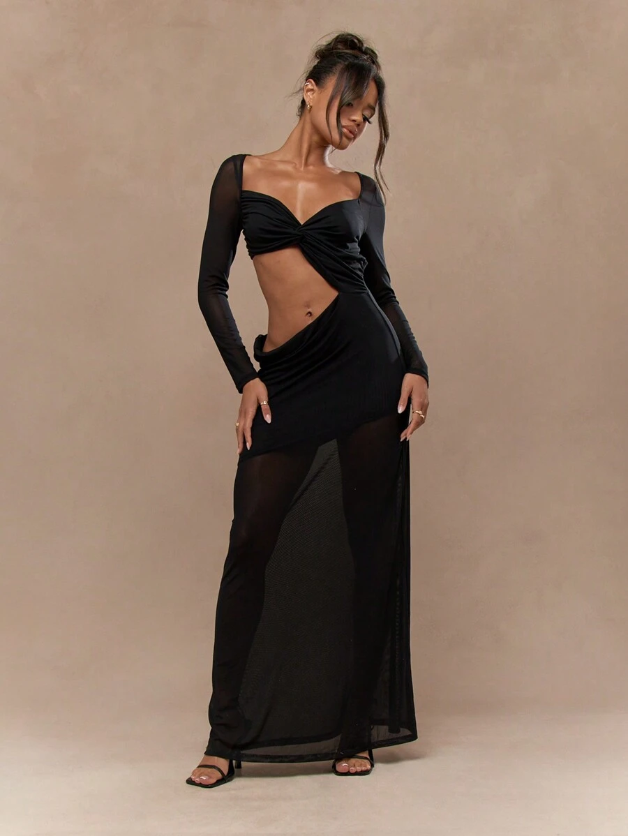 MISSGUIDED Mesh Dropwaist Cut-Out Waist Long Sleeves Sweetheart Neck Maxi  DressMISSGUIDED