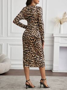 SHEIN Pregnant Women's Spring Autumn V-Neck Leopard Print Drawstring Waist Bodycon Dress, For Maternity - Multicolor - View 2
