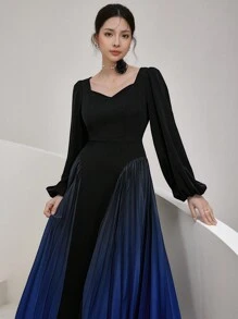 Modelyn Women's Elegant Contrast Color Pleated Sweetheart Neck Long Sleeve Dress Long Evening Dresses - Black - View 6