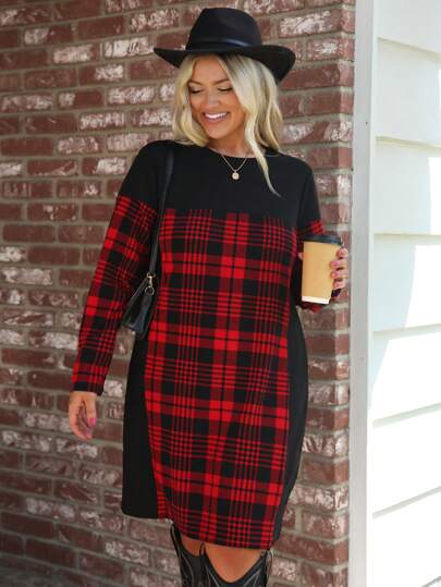 SHEIN LUNE Plus Size Autumn Winter Casual Patchwork Red Plaid Dress, Holiday Christmas Women Dresses