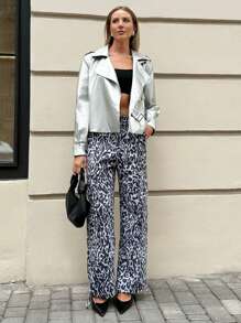 SHEIN Essnce Autumn Women's Leopard Print Overalls Straight-Leg Trousers With Adjustable Leggings, Daily Casual, Fashionable Street, Airport Wear, Back-To-School Season Wear, Autumn Women's Wear, Leopard Print Clothing,  Sister Wear - Grey - View 1