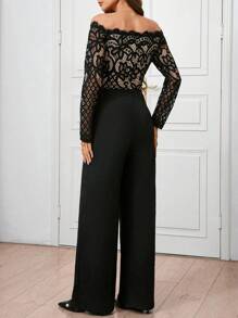 SHEIN Clasi Women's Off-Shoulder Floral Lace Tie-Waist Jumpsuit For Spring And Autumn