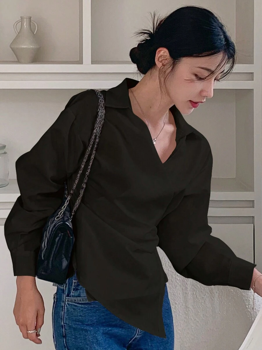 DAZY Women's Solid Color V-Neck Blouse With Oblique Placket, Black, Spring/Summer/Autumn,Fall Women Clothes Long Sleeve Top - Black - View 1