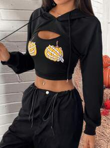 Chiquease 2 piezas Sudadera corta con capucha de manga larga con calavera y calabaza, sudadera informal de otoño - Negro - Ver 4