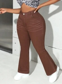 SHEIN ICON 女式大码牛仔裤紧身弹力喇叭裤棕色长裤加大羊毛牛仔裤保暖户外服装棕色牛仔裤喇叭裤女式牛仔裤秋季裤子秋季女装万圣节裤子 - 咖啡棕 - 查看 5