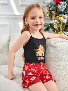 SHEIN 年轻女孩 2 件套圣诞姜饼印花吊带背心和短裤睡衣套装，舒适阻燃休闲家居睡衣，家庭装（4 套单独出售） - 黑色 - 查看 3