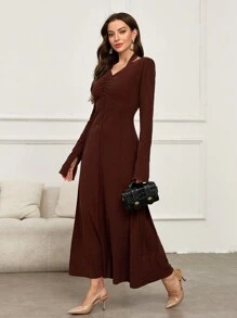 Mulvari Women's Solid Color Flared Sleeve Ruffle Elegant Dress, Spring Autumn