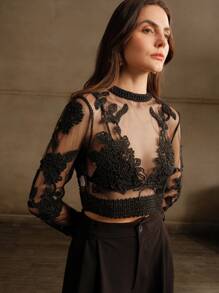 Anewsta Women's Sexy Elegant Party Blouse With Crochet Mesh Embroidery, Luxurious Evening Dress For Valentine's Day & Carnival, Spring - Black - View 7