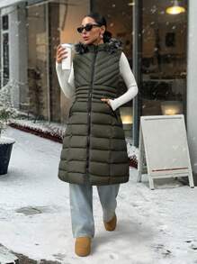 EURMUSE Fur And Zipper Added Padded Long Vest - Army Green - View 4