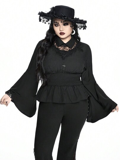 Plus Size Women Gothic Lace Splice Breathable Cinched Waist Button Down Shirt
