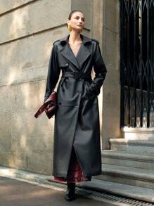 SHEIN X Lucía Bellido Anewsta Women Black Epaulet Design Loose Fit Long Over-The-Knee Faux Leather Coat