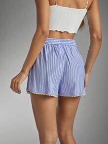 Denimoi Shorts de talle alto a rayas azules y blancas con ribete festoneado - Multicolor - Ver 6