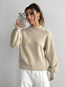 Flirla Women's Solid Color Stand Collar Casual Long Sleeve Sweater, Knit Pullover Fall Winter - Apricot - View 7