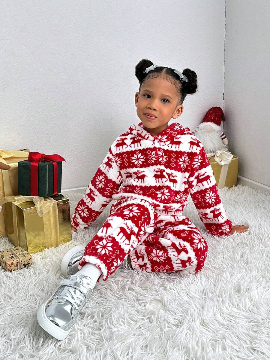 SHEIN Explorewe Bộ quần áo nỉ và tai nhung Giáng sinh thường ngày cho bé gái & bé gái, trang phục Giáng sinh bằng vải nỉ mềm mại, thích hợp để mặc hàng ngày, kết hợp với áo khoác, áo khoác và áo lông vũ - Đỏ và trắng - Xem 1