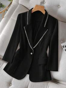 Celure Plus Size Women's Lightweight Blazer Jacket With Contrast Trim And 3/4 Sleeves