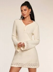 Glamine Women's Solid Color V-Neck Lace Patchwork Long Sleeve Sweater Dress - Beige - View 5