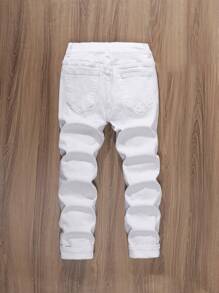 SHEIN Tween Boy Casual White Washed Distressed Elastic Waist Denim Jeans, School, Campus, College - White - View 2