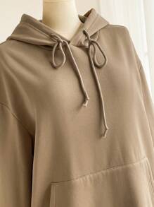 SHEIN Frenchy Plus Size Women's Solid Color Simple Casual Sweatshirt Top, Autumn - Khaki - View 3